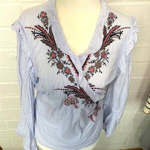 Zara Embroidered Striped Cotton Bell Sleeve Wrap Blouse size Large